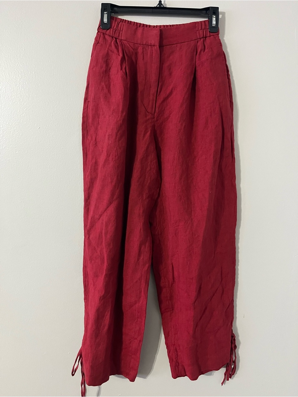 Massimo Dutti 100% Algodon Cotton Adjustable Ankle Tie Pleated Trousers Red Sz 2